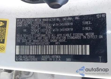 2017 Toyota Highlander Le from USA, damaged, VIN 5TDZARFH0HS025687